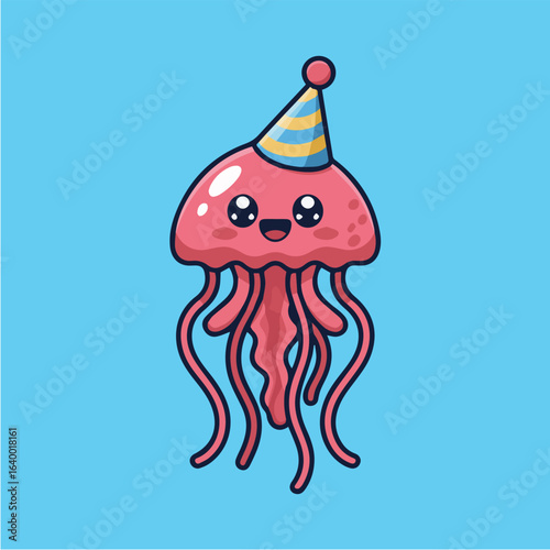 Cute jellyfish cartoon illustration with a party hat, perfect for birthday celebrations, childrens designs, and underwater themes a happy and adorable character