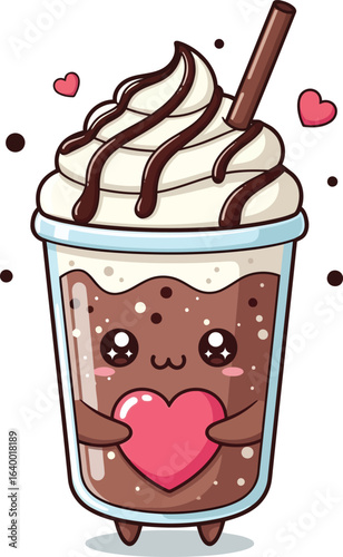 Kawaii iced coffee drink holding a heart, perfect for a sweet design.