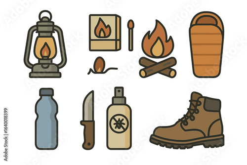 Camping essentials: lantern, firewood, sleeping bag, knife, bottle, boot, match, insect repellent