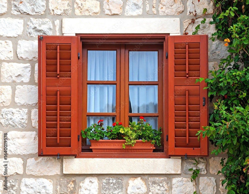 Obraz premium A rustic window with shutters and flowers
