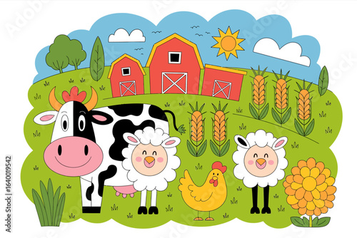 Playful vector illustration of a farm with smiling animals (cow, sheep, chicken) and crops, bold outlines, bright cheerful colors, white background
