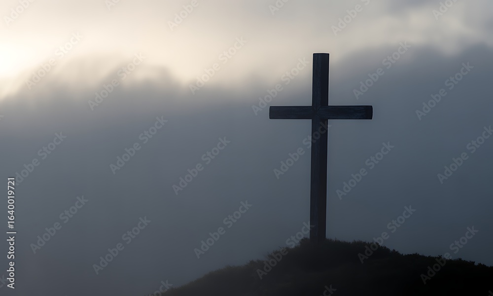 Naklejka premium Silhouetted Cross Against a Dramatic Cloudy Sky: A Powerful Symbol of Faith and Hope for Spiritual Reflection, Personal Growth, and Inspirational Imagery in Religious Contexts