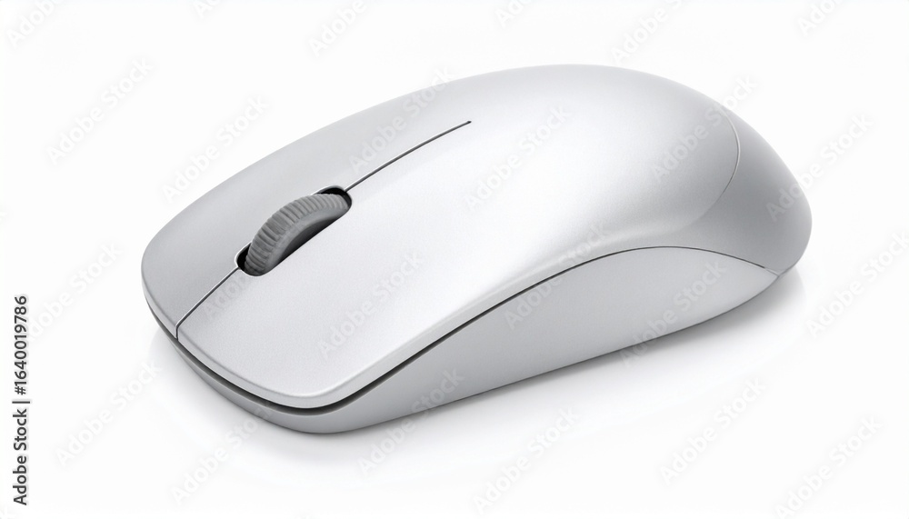 Sleek silver wireless mouse with black scroll wheel on white surface. Sleek silver wireless mouse with black scroll wheel on white surface.