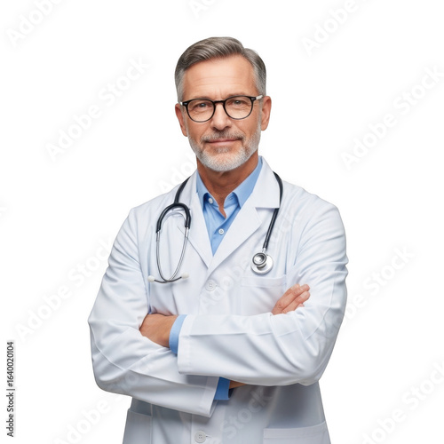 Experienced confident middle aged male doctor wearing glasses and lab coat with stethoscope arms crossed isolated on transparent background