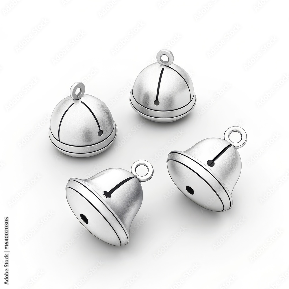 Fototapeta premium Four silver jingle bells with black accents arranged on a white surface in a studio setting