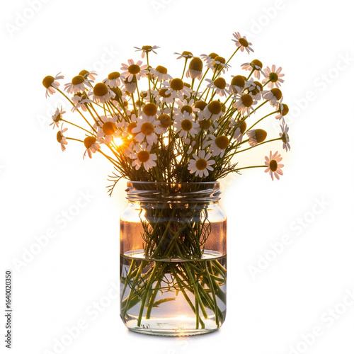 mhamomile flower in glass jar at sunset, isolated on a white background