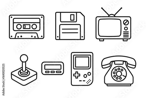 Retro technology icons: cassette, floppy, tv, joystick, pager, game console, rotary phone