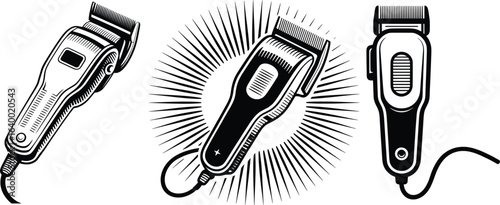 Retro Electric Hair Clippers Set, Vintage Barber Shop Grooming Tools Vector.