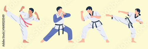 Diverse Martial Arts Students Practicing Techniques in Class, Wearing Kimonos, Fighting, Attacking, and Training Together in Educational Dojo Setting, Vector Illustration of Sports Activity

