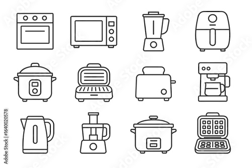 Set of kitchen appliance icons including oven, microwave, blender, coffee maker, toaster