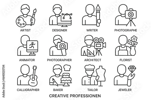 Line art illustration of creative professions including artist, designer, writer, and more