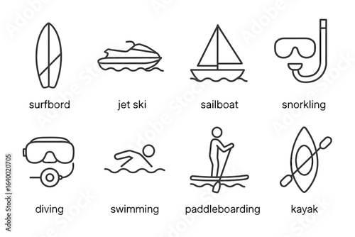 Outline icons of surfboard, jet ski, sailboat, snorkeling, diving, swimming, paddleboarding, kayak