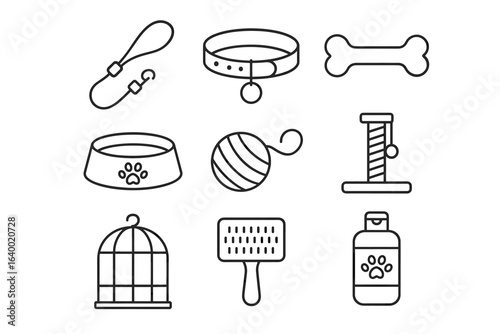 Pet accessories collection: leash, collar, bone, bowl, yarn, scratching post, cage, brush, shampoo