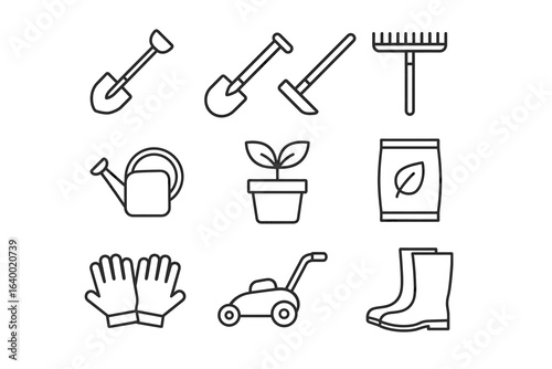 Gardening tools outline icons: shovels, rake, watering can, potted plant, gardening gloves, lawn mower, boots