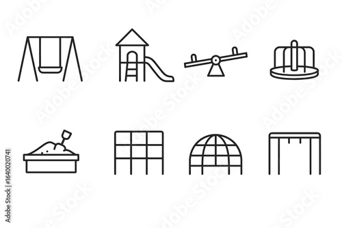 Minimalist playground icons: swings, slides, seesaws, and more