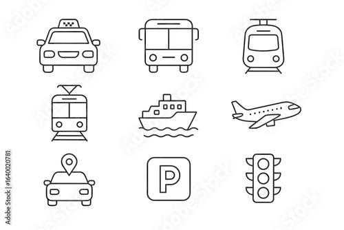 Set of minimalistic transport icons: car, bus, train, ship, airplane, traffic light