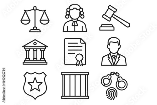 Outline icons of legal system: justice scale, judge, gavel, courthouse, contract, lawyer