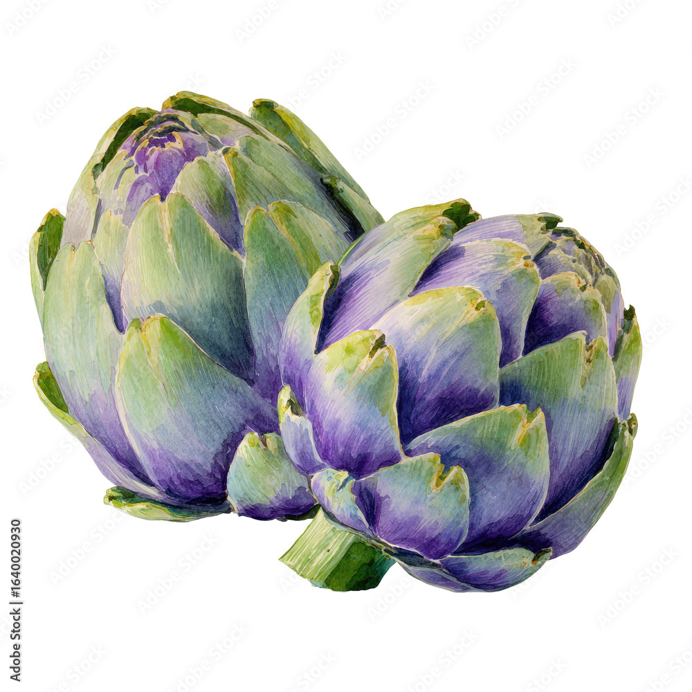 Fototapeta premium Two vibrant artichokes, painted in shades of purple and green, featuring detailed leaf structures and a slightly overlapping presentation