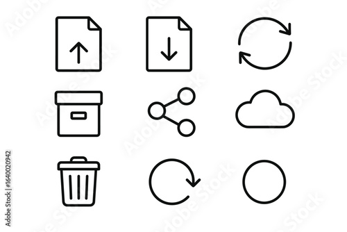 Set of minimalist file and cloud management icons with arrows and circles