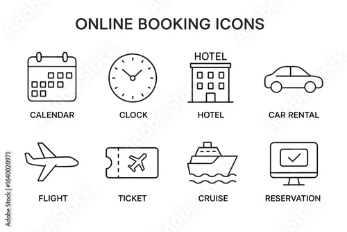 Online booking icons set: calendar, clock, hotel, car rental, flight, ticket, cruise, reservation
