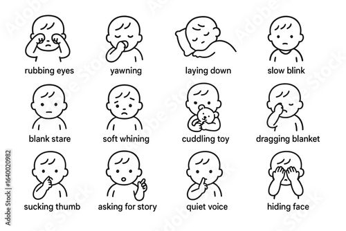 Cartoon illustrations of infant expressions and actions with toys and blankets