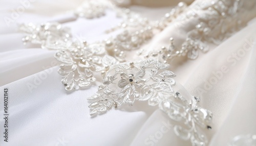 Close-up of white lace fabric with floral embroidery and beadwork.