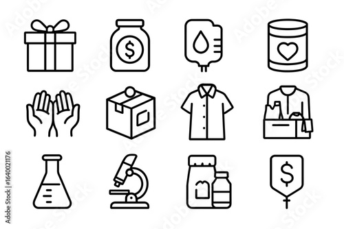 Outline icons of charity, donation, medical supplies, and more