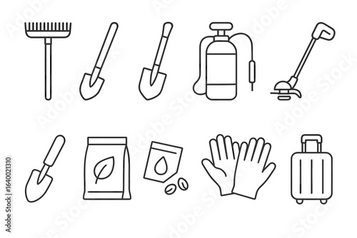 Gardening tools collection: rake, shovels, sprayer, trimmer, gloves, fertilizer, seeds, suitcase