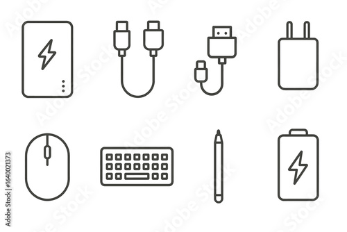 Essential electronic accessories: cables, charger, mouse, keyboard, pen, battery icon set