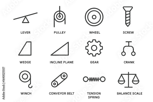 Collection of simple machines: lever, pulley, wheel, and more icons