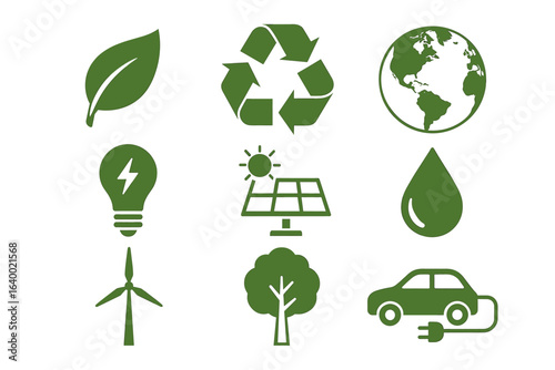 Green energy icons: sustainability, solar, recycle, wind, eco-friendly