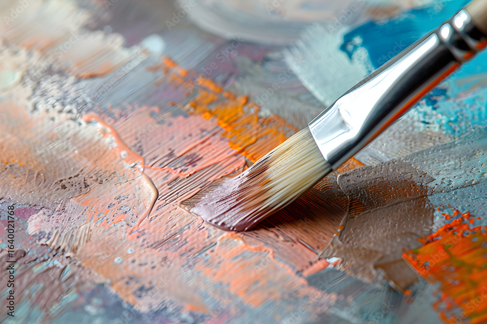 Obraz premium The hand of an artist mixing oil paints on a wooden palette, bright colors intertwining with each other, thick and textured brushstrokes.