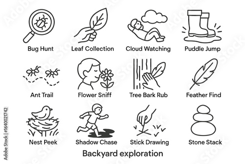 Backyard activities icons: nature exploration for kids