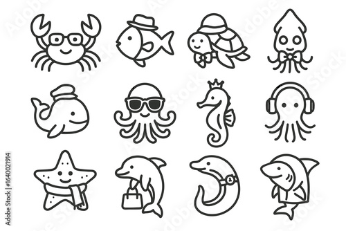 Cute cartoon sea creatures: octopus, squid, seahorse, dolphin, shark, turtle, crab