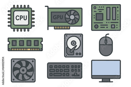 Set of computer hardware icons: cpu, gpu, motherboard, ram, hard drive, mouse, fan, keyboard, monitor