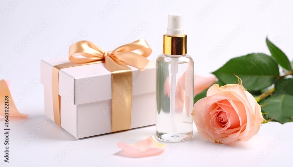 Elegant perfume bottle with golden nozzle, gift boxes with golden ribbons, pink roses, warm bokeh background Elegant perfume bottle with golden nozzle, gift boxes with golden ribbons, pink roses, warm bokeh background