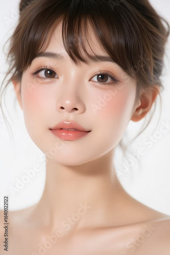 Female Asian Model with Short Hair - Young Beautiful Woman with Hair Bun - Studio Portrait of Asian Beauty for Fashion, Cosmetic, Skincare - Posing on White Background - Smooth Tied Hair