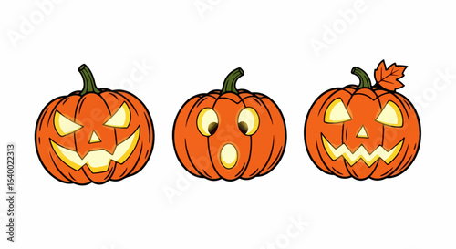 Three Carved Pumpkins with Halloween Faces: Grinning, Surprised, and Frowning Expressions