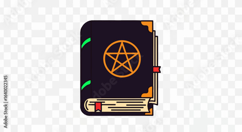 Grimoire Book with Pentagram, Dark Purple Cover, Gold Accents, and Red Bookmark