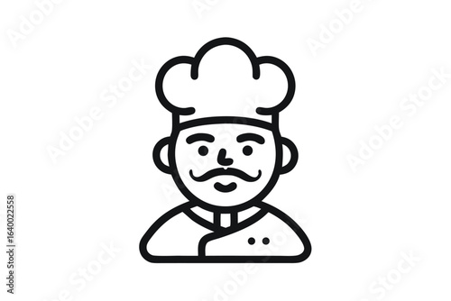 Outlined Chef Icon with Moustache in Uniform and Hat on White Background