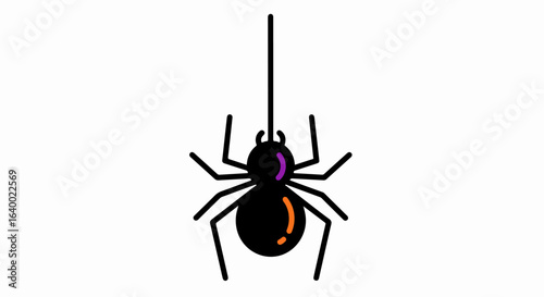 Black Spider Hanging from a Single Thread, Halloween Style Illustration
