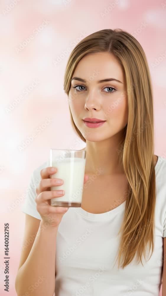 Blonde woman in her 20s, wearing a white shirt, enjoys a refreshing glass of milk for breakfast. Blonde woman in her 20s, wearing a white shirt, enjoys a refreshing glass of milk for breakfast.