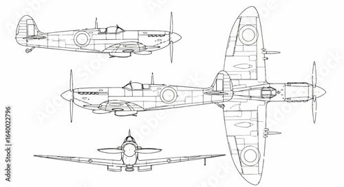 Detailed Line Drawing of a Supermarine Spitfire Aircraft, Multiple Views