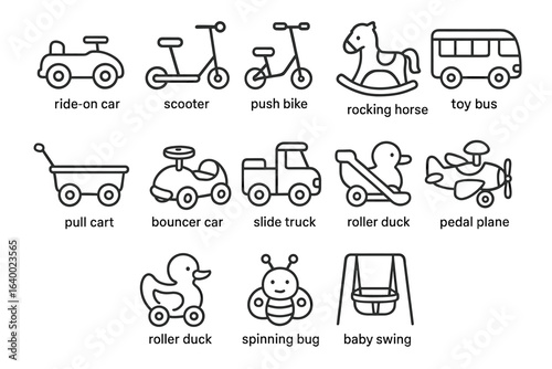 Collection of children's toys: ride-on car, scooter, push bike, rocking horse, toy bus