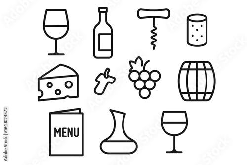 Wine and cheese icons: glass, corkscrew, grapes, barrel, menu, decanter
