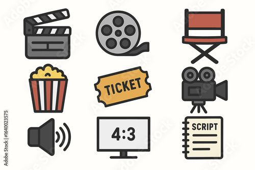 Film industry icons: clapperboard, film reel, director chair, popcorn, ticket, camera, sound, screen, script