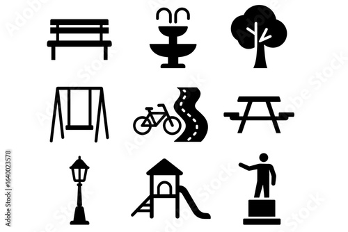 Collection of park icons: bench, fountain, tree, swing, bicycle, path, picnic table, lamp, playground structure, statue