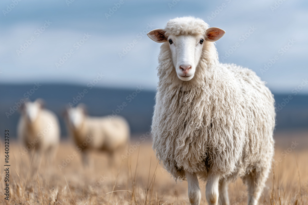 Fototapeta premium A close-up of a fluffy sheep stands proudly in a field, showcasing its soft, white wool.