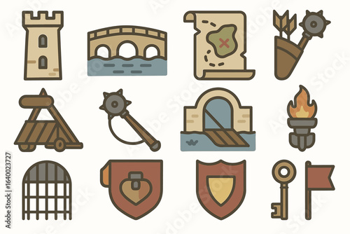 Medieval icons featuring castle, bridge, map, and weapons for fantasy design