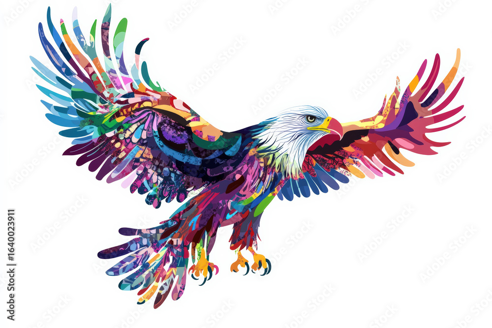 Fototapeta premium Vibrant Multicolored Eagle Illustration With Intricate Patterns and Extended Wings.